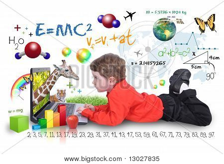 Picture or Photo of A young boy child is looking at a laptop computer with math, science and animals around him. He is on a white background. Use it for a school, study or learning concept.