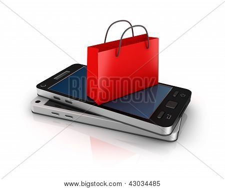 Picture or Photo of Mobile phone with shopping bag. Online shopping concept.