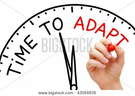 Picture or Photo of Hand writing Time to Adapt concept with red marker on transparent wipe board.