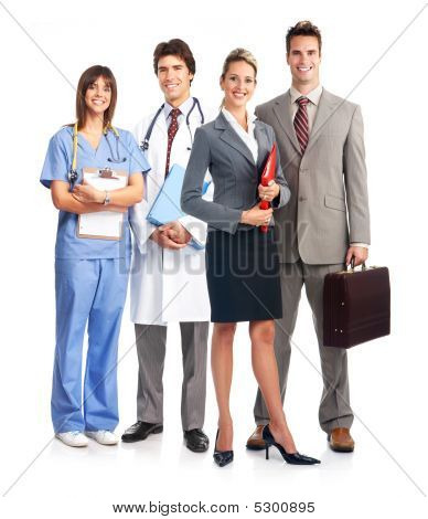 Picture or Photo of Smiling medical doctor with stethoscope. Isolated over white background