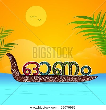 Floral Design Decorated Snake Boat With Colorful Malayalam Text Onam On Beautiful Nature Background Poster Floral Design Decorated Snake Boat With Colorful Malayalam Text Onam On Beautiful Nature Background Poster
