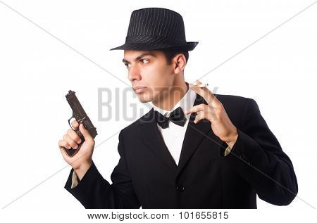 Poster: Young elegant man holding handgun