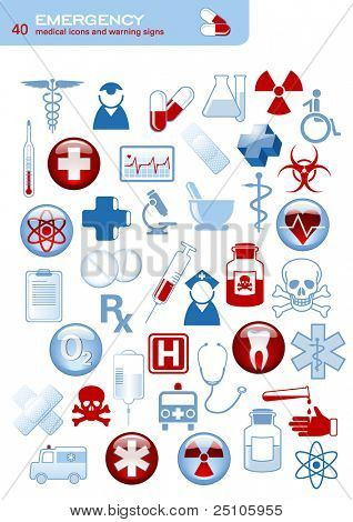 Picture or Photo of Set of 40 simple medical icons and warning signs
