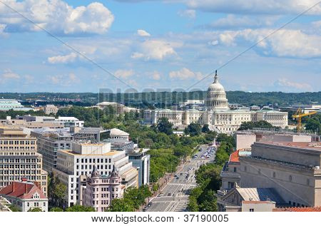 Picture or Photo of Washington DC - Aerial view of Pennsylvania street with federal buildings including US Archives building, Department of Justice and US Capitol
