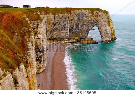 Picture or Photo of Cliffs of Etretat, France on an overcast day.