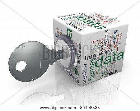 Picture or Photo of 3d render of data protection wordcloud cube with key. Concept of securing and protecting sensitive data