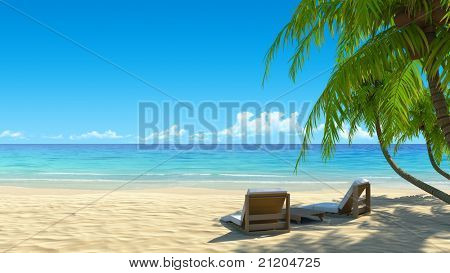 Picture or Photo of Two stylish beach chairs on idyllic tropical white sand beach. Shadow from the palm trees. No noise, clean, extremely detailed 3d render. Concept for holidays, spa, resort design.