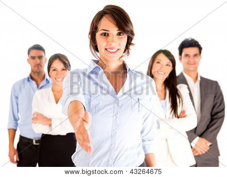 Picture or Photo of Business woman with hand extended to handshake - isolated over white