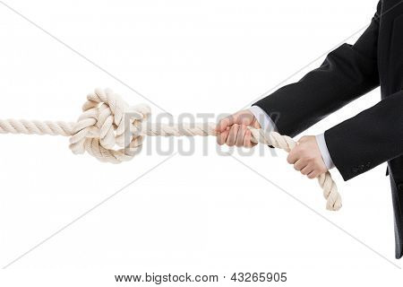 Picture or Photo of Competition concept - business man in black suit hand holding or pulling rope with tied knot white isolated