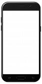 Brand new smartphone black color with blank screen isolated on white background mockup. Front view o