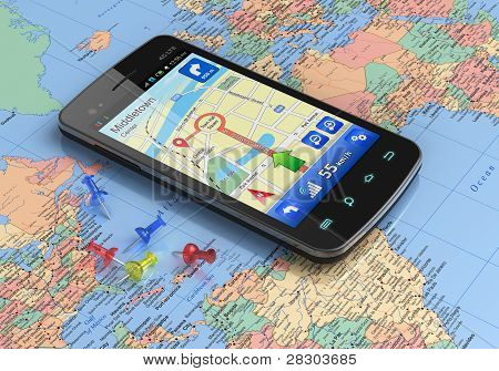 Picture or Photo of Touchscreen smartphone with GPS navigation on world map