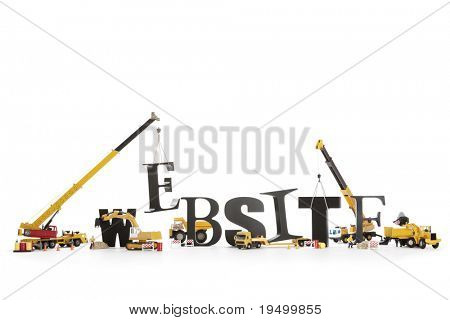 Picture or Photo of Black wooden alphabetic letters set showing "WEBSITE" being set up by group of construction machines and workers symbolizing "Website under construction".