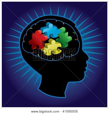 Picture or Photo of Black silhouette of profiled child with symbolic autism puzzle pieces