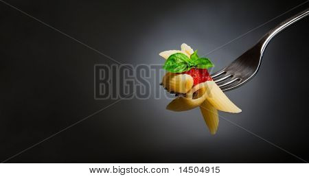 Picture or Photo of Macaroni pasta with tomato and basil on fork. Fine Italian food. Space for text. Professional studio image