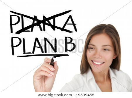 Picture or Photo of Business plan strategy changing. Woman crossing over Plan A, writing Plan B. Beautiful young smiling businesswoman sketching on virtual screen. Isolated on white background.