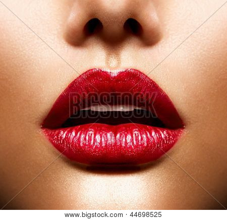 Picture or Photo of Sexy Lips. Beauty Red Lips Makeup Detail. Beautiful Make-up Closeup. Sensual Open Mouth. lipstick or Lipgloss