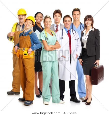 Picture or Photo of Business people builders nurses doctors architect. Isolated over white background