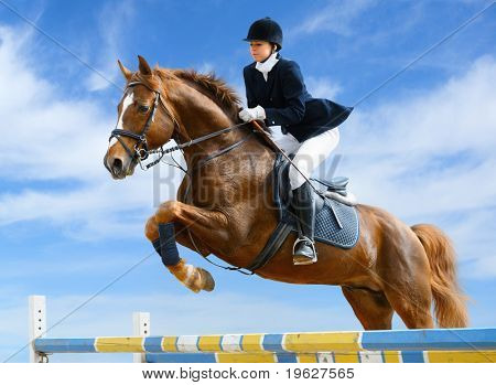 Picture or Photo of Young girl jumping with sorrel horse