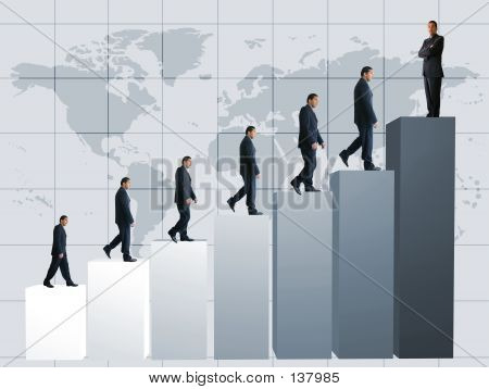 Picture or Photo of Business men climbing a graph with one confident business man on top