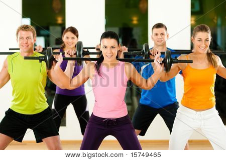 Picture or Photo of Group of five people exercising using barbells in gym or fitness club to gain strength and fitness