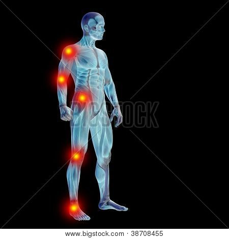 Picture or Photo of High resolution concept or conceptual 3D human anatomy body with pain isolated on black background as a metaphor to health,medicine,medical,biology,osteoporosis,arthritis,joint,inflammation or ache