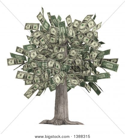 Picture or Photo of This is a high-resolution 3d render of a rooted tree with a thick stock that is growing currency for it