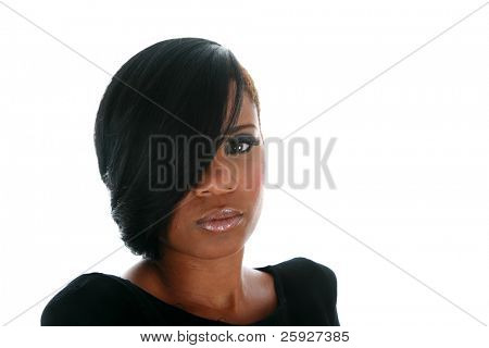 Picture or Photo of A beautiful African American adult woman models a hair style isolated on white